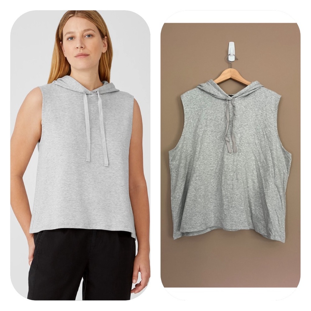 {Eileen Fisher} Cozy Brushed Terry Hug Hooded Top Sleeveless in Grey - Womens 2X